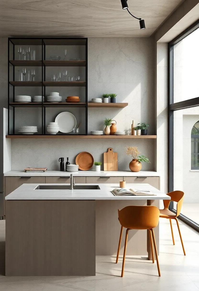 Glass Cabinet Doors and Open Shelving Showcasing Artistic Dinnerware and Decorative Collections