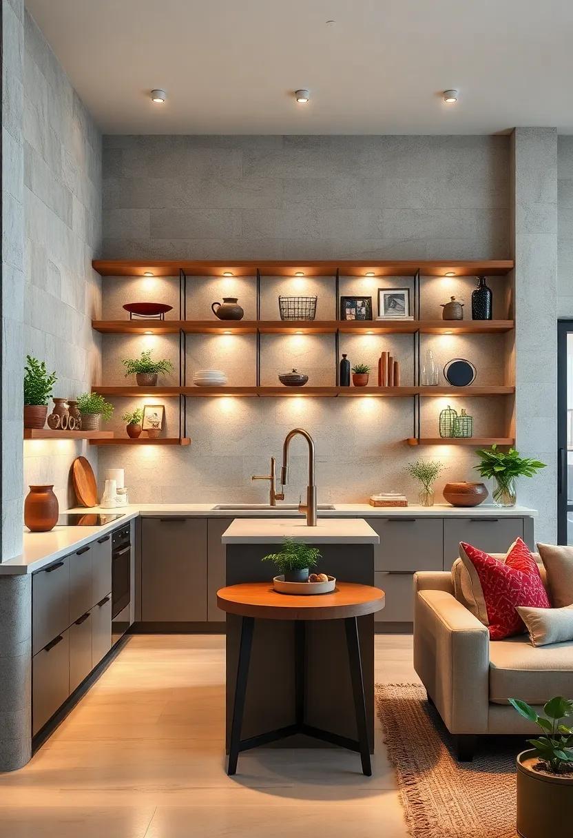 Open Shelving with Strategic Accent Lighting Highlighting Curated Collections and Everyday Essentials
