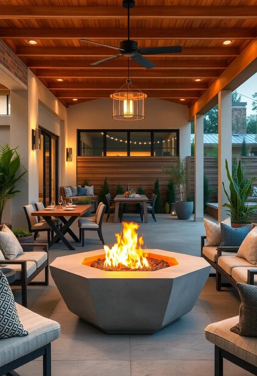 Intimate Evenings by a Geometric Concrete Fire Pit With Soft Outdoor Lights and Textured Cushions