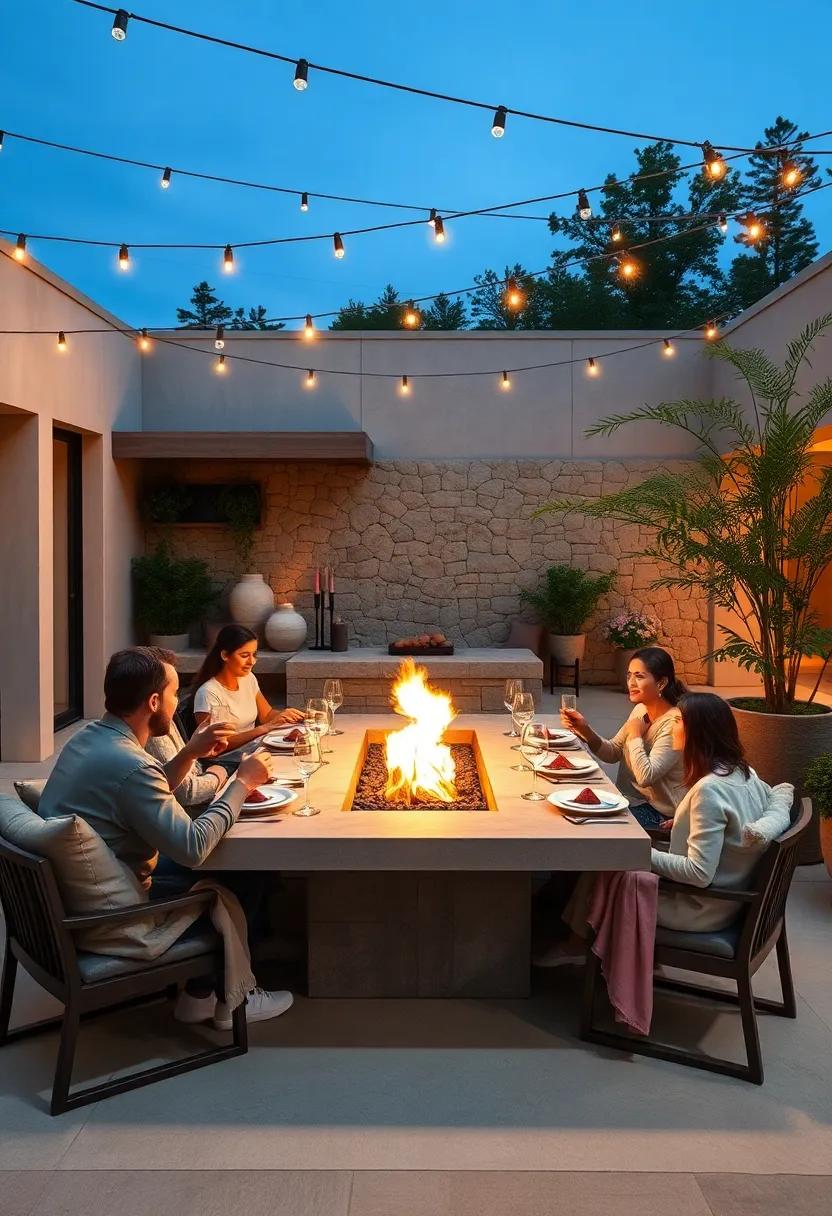A Family Dinner Set Against the Flickering Firelight of a Fire Pit Surrounded by Natural Stone and Wood