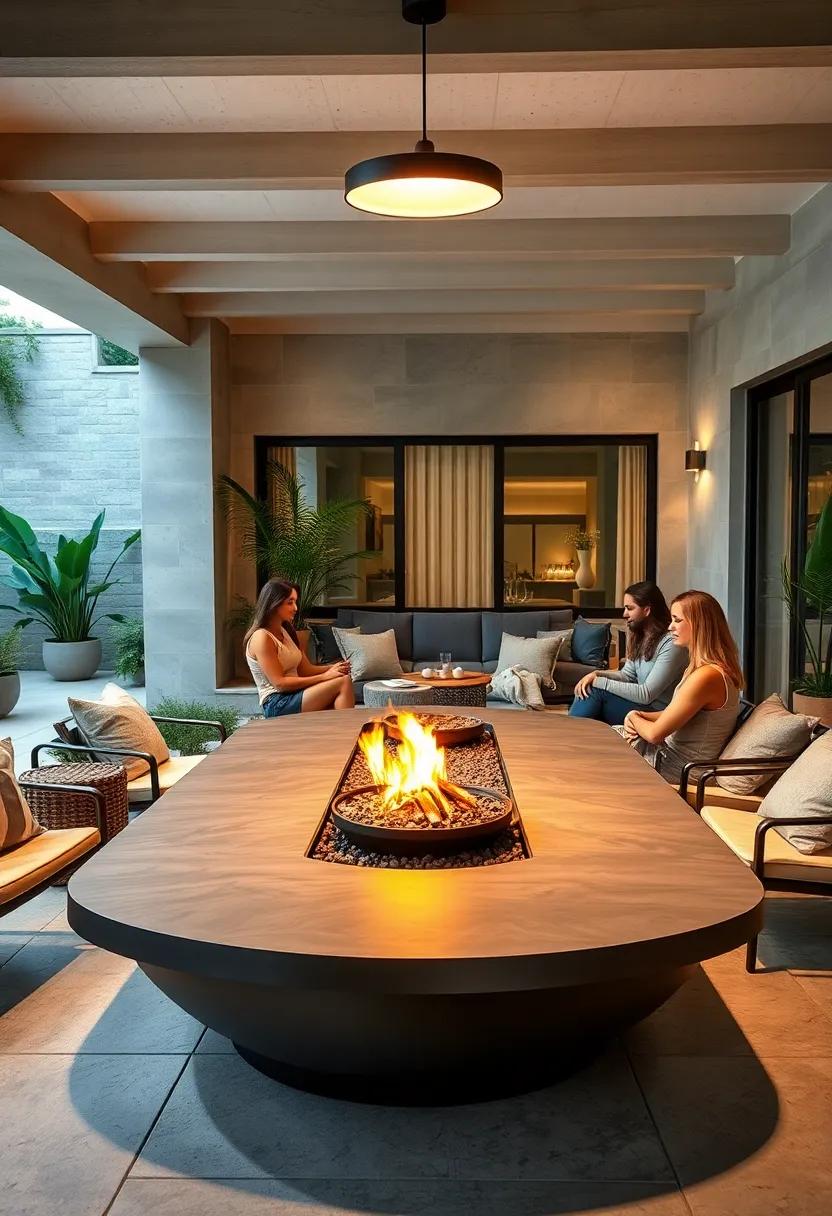 An Inviting Scene of Friends Sharing Stories Around a Sleek Metal Fire Pit and Dining Table