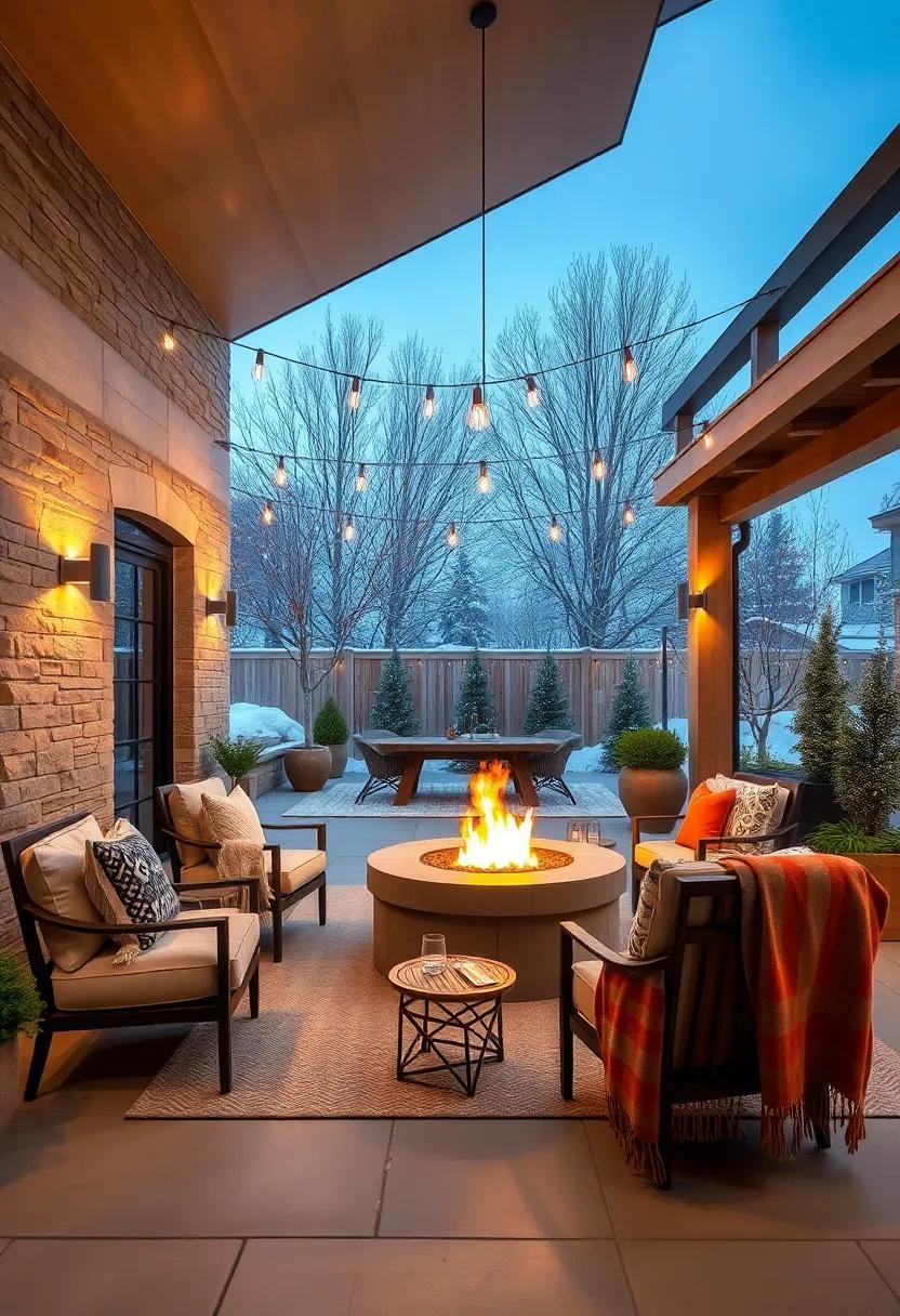 A Picturesque Winter Scene Featuring a Fire Pit and Outdoor Dining Space Sheltered With Cozy Blankets