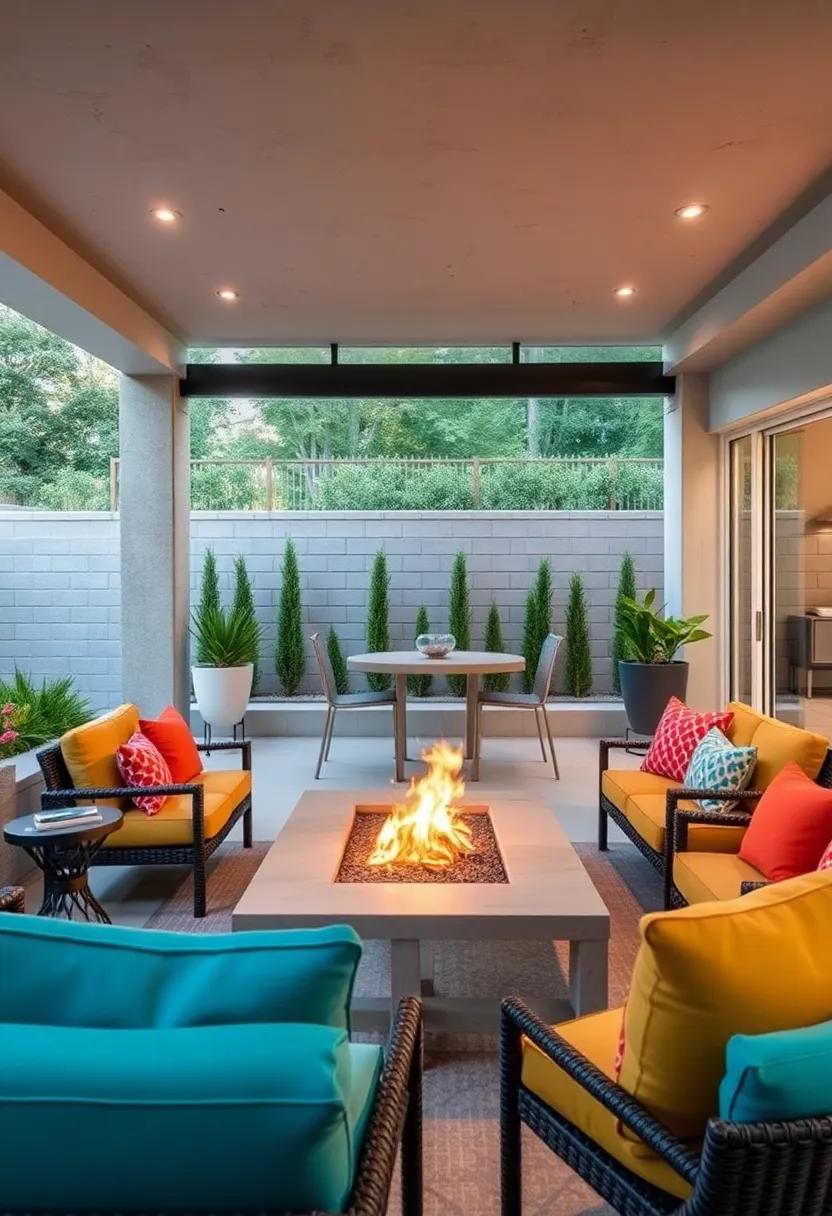A Mid-Century Modern Patio Fired Up by a Sculptural Fire Pit and Vibrant Cushions