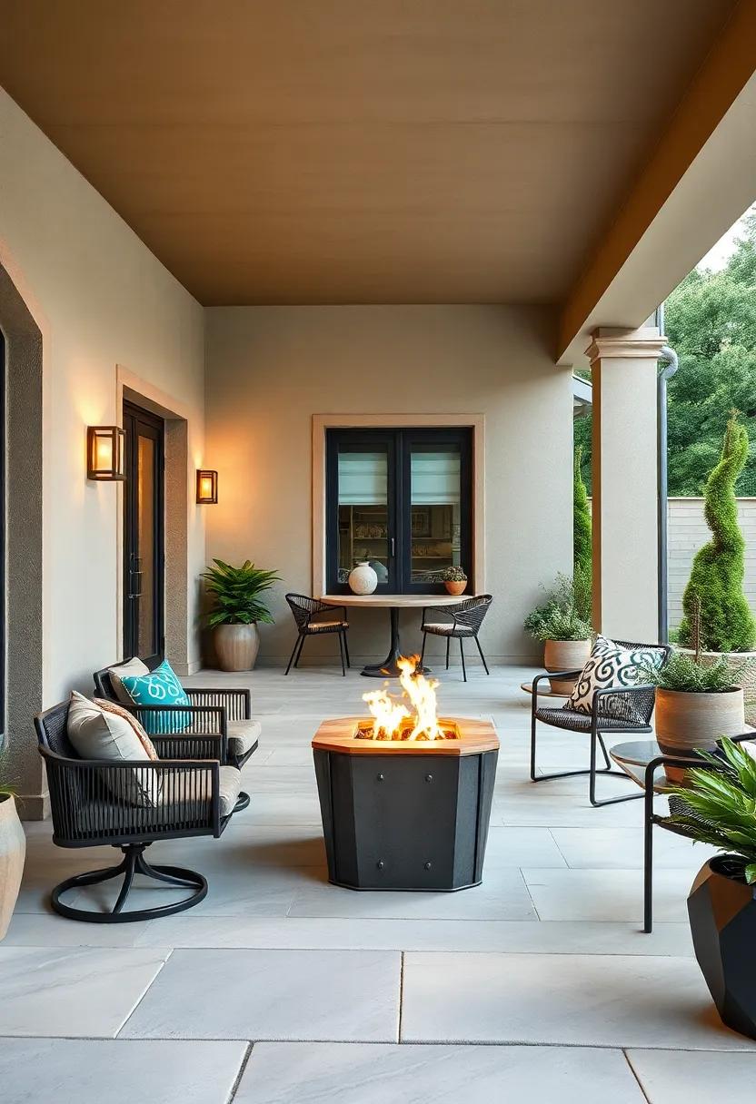Rustic Industrial Fusion Captured by a Fire Pit Pit and Metal Dining Furniture on a Stone Patio