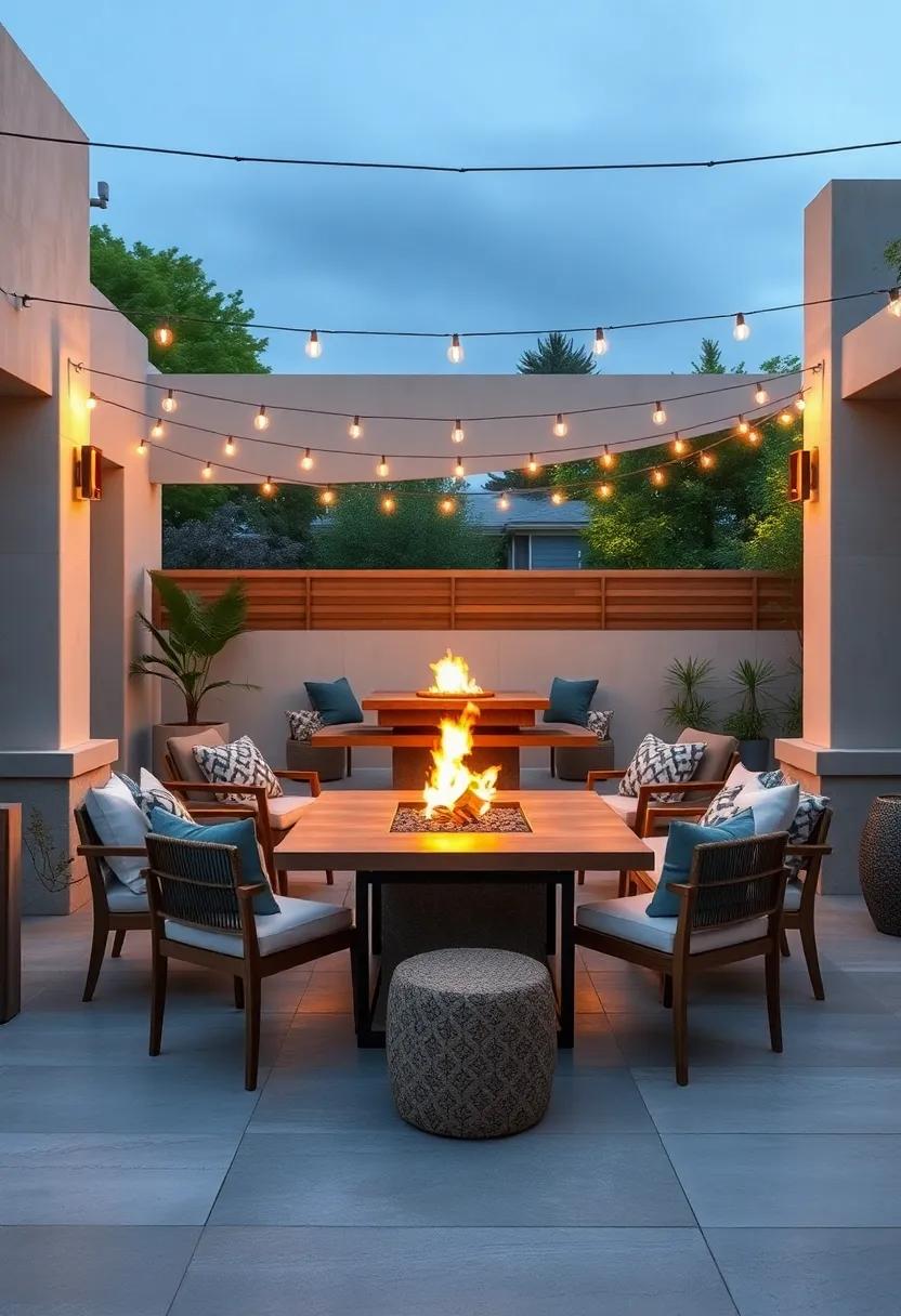 Open-Air Dining Elevated by a Fire Pit Against a Backdrop of Twinkling String Lights and Nature