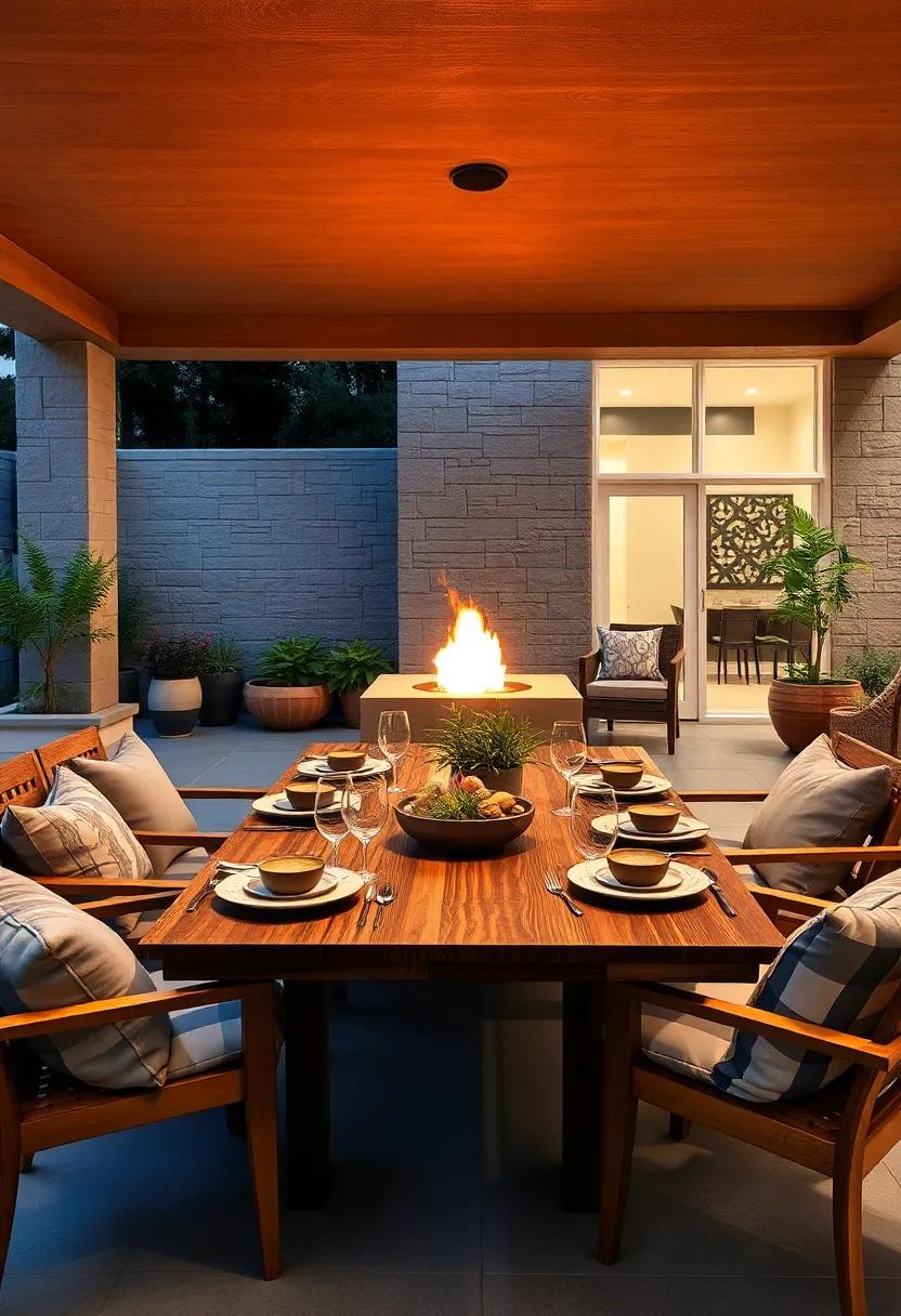 The Glow of a Fire Pit Highlighting a Handcrafted Wooden Table Set for a Gourmet Outdoor Banquet