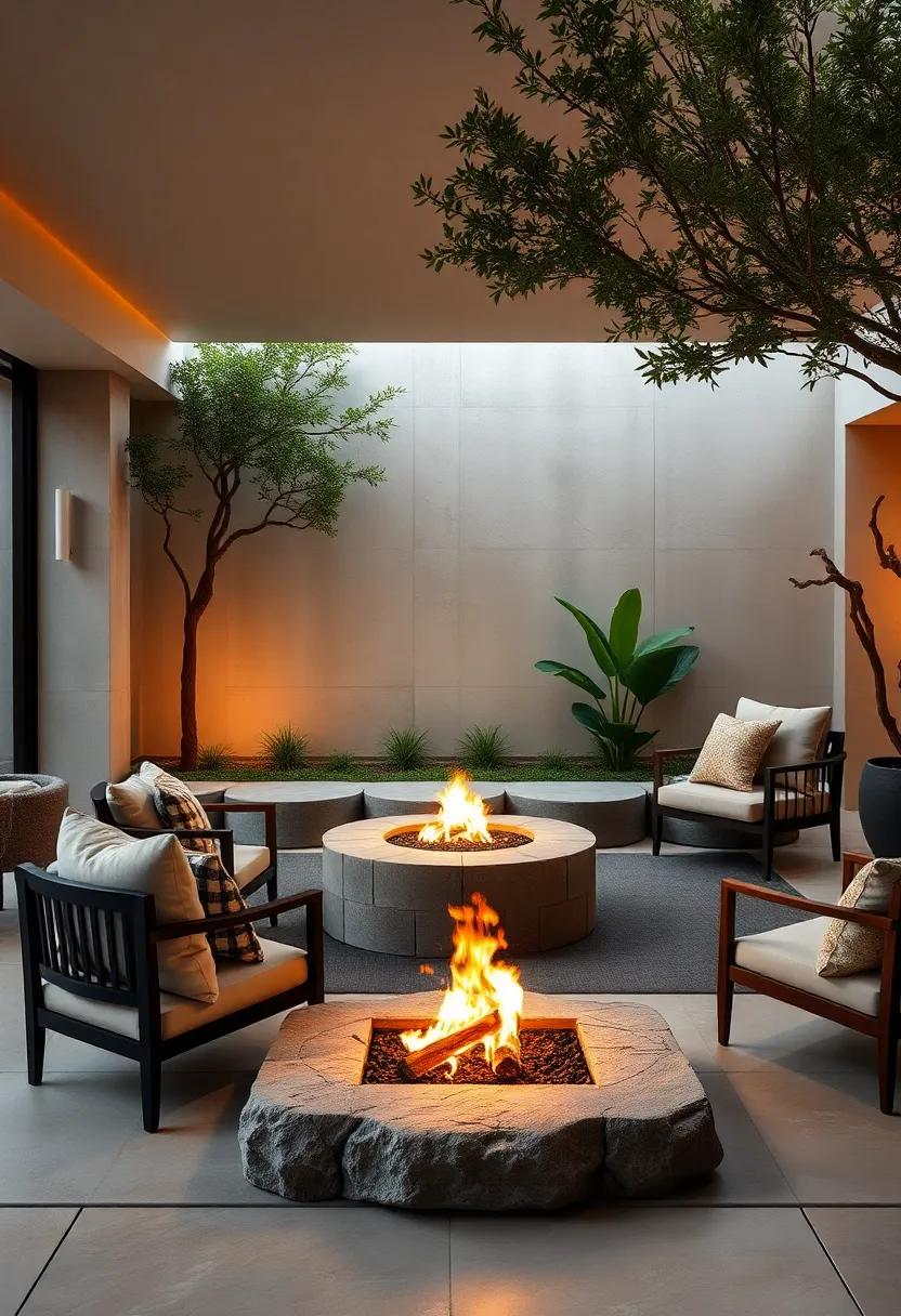 A Vibrant Gathering Space Featuring a Circular Fire Pit Framed by Comfortable Lounge Chairs