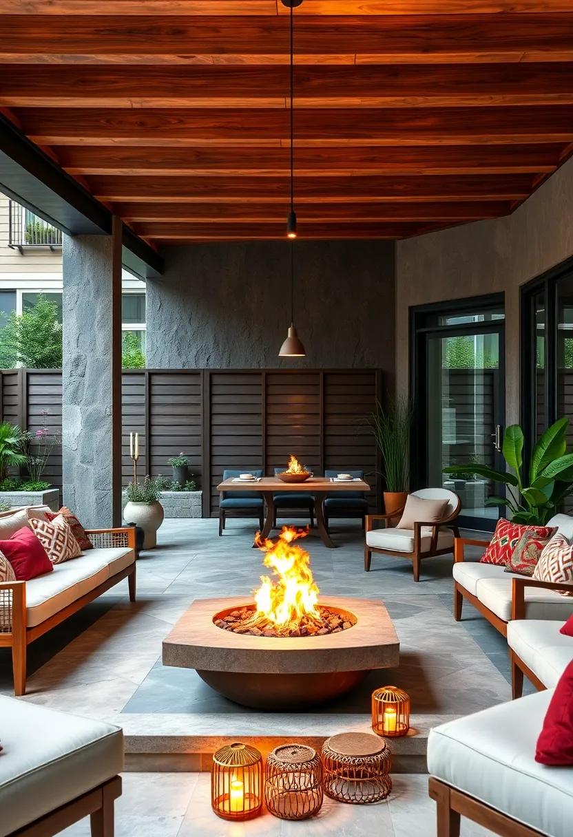 A Bohemian Outdoor Dining Vibe Enhanced by a Low Fire Pit Accented With Colorful Lanterns