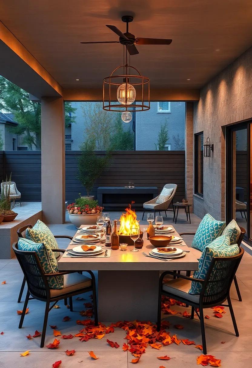 An Autumn-Inspired Outdoor Feast Bathed In Warm Fire Pit Light Amid Falling Leaves