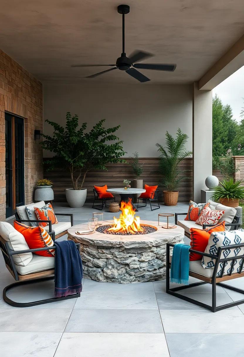 An Eclectic Mid-Summer Evening Gathering Around a Stone Fire Pit With Bold Textiles and Glassware