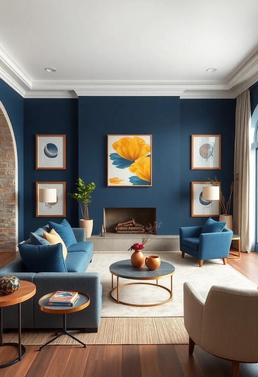 Navy Blue Walls Paired with Soft Neutrals for a Serene and Elegant Living Room Ambiance