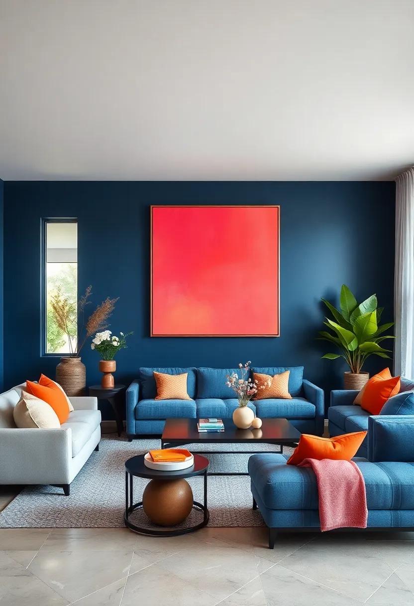 Navy Blue Walls as a Bold Backdrop for Bright Pops of Coral and Tangerine in Modern Art