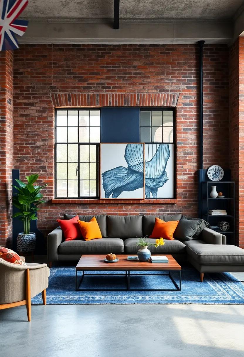 Urban Industrial Loft with Deep Navy Blue Walls and Exposed Brick for Moody Artistic Flair