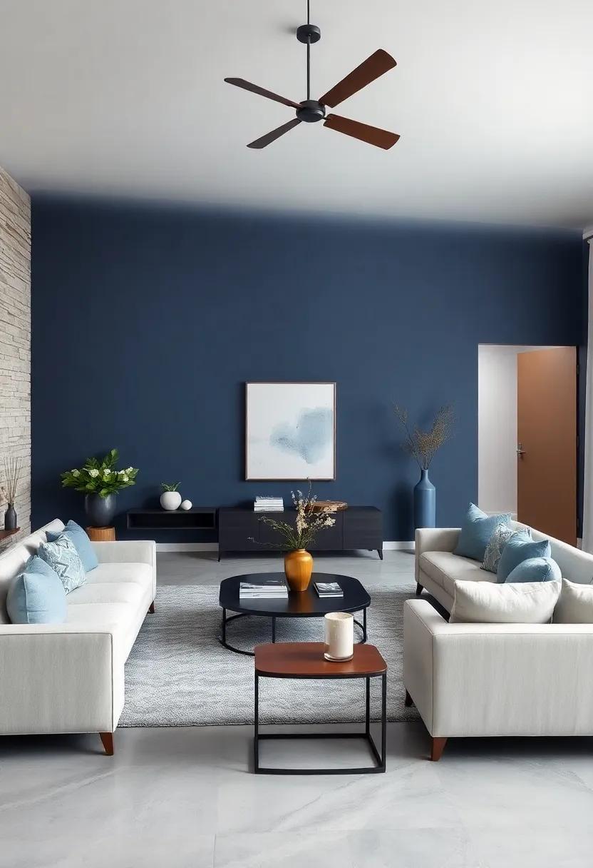 Serene Monochromatic Living Room Combining Different Shades of Blue for Harmonious Tranquility