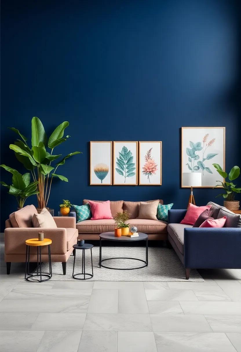 Navy Blue Walls Accentuated by Emerald Green Plants and Botanical Prints for a Fresh Natural Feel