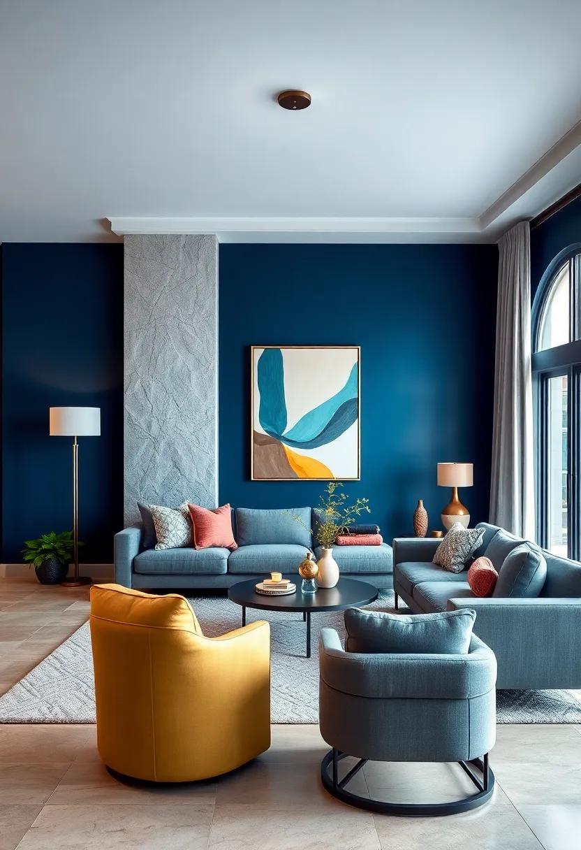 Contemporary Living Room Showcasing Navy Blue Walls with Geometric Art and Sculptural Lighting