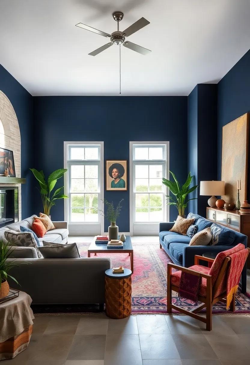 Eclectic Living Room with Navy Blue Walls and a Mix of Bohemian Patterns and Global Textiles