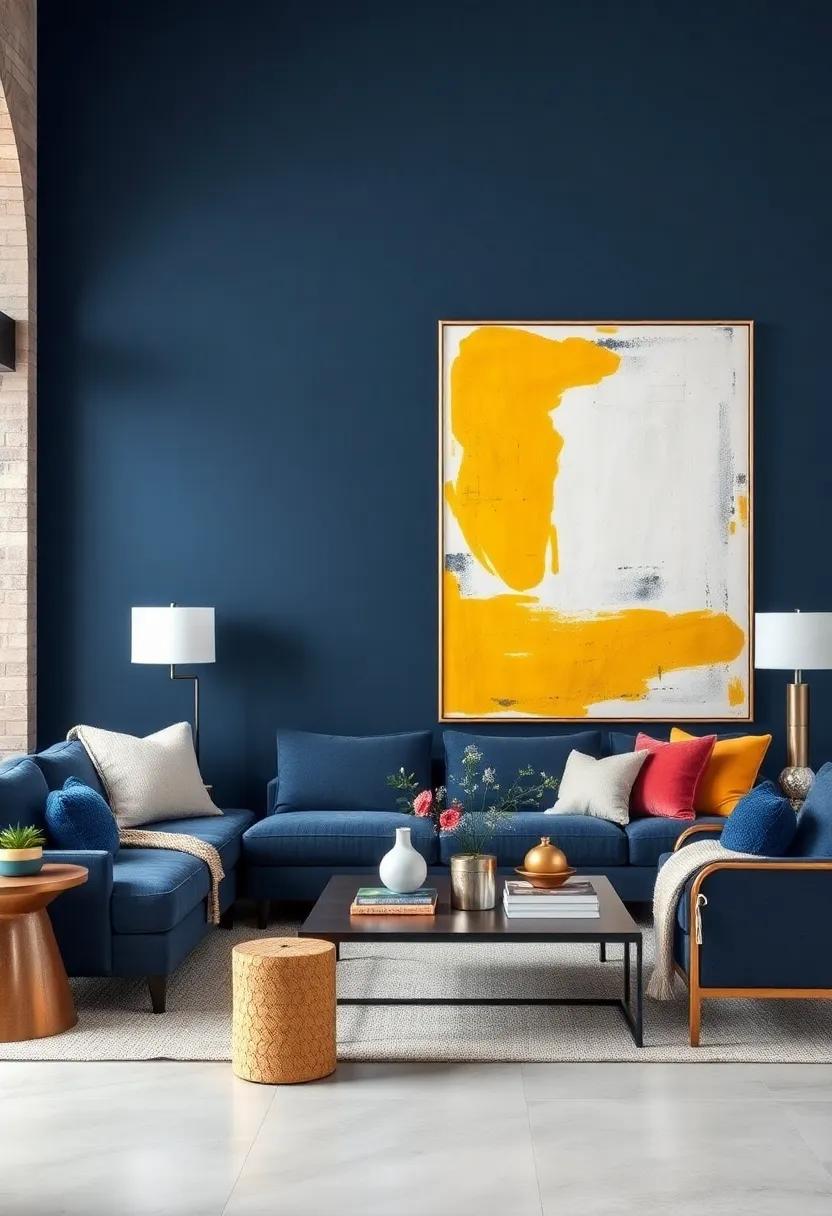 Navy Blue Walls as a Canvas for Large Abstract Artworks Bringing Creativity and Energy to the Space