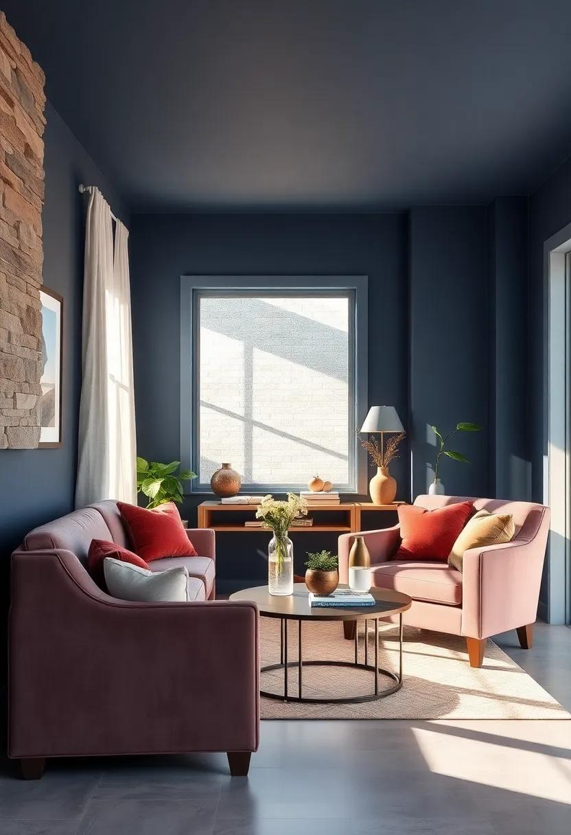 Cozy Reading Nook Created with Navy Blue Walls and Plush Velvet Chairs Bathed in Warm Light