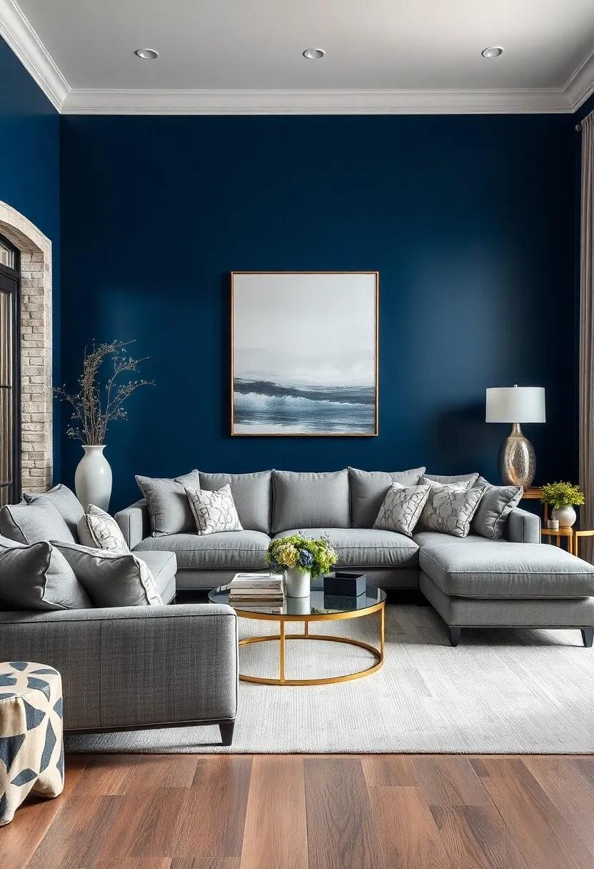 Sophisticated Blend of Navy Blue Walls with Soft Gray Upholstery and Silver Accents for Subtle Glam