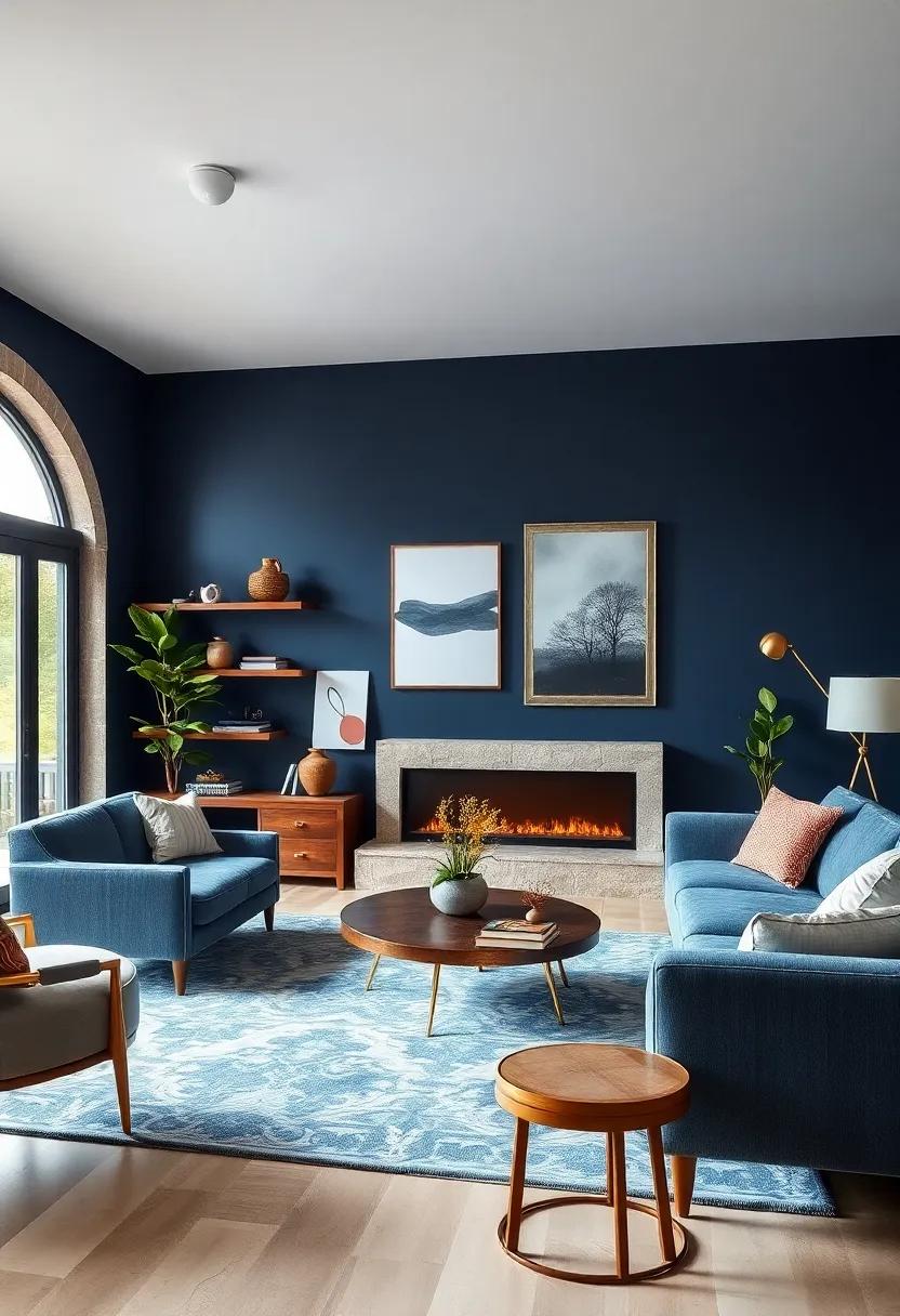 Mid Century Modern Style Highlighting Navy Blue Walls Paired with Retro Wood and Brass Details
