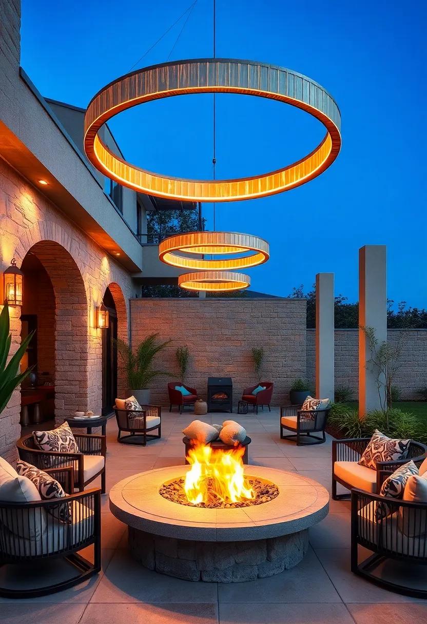 Circular Ring Chandeliers Hovering Above a Fire Pit With Warm Golden Hues for Inviting Night Gatherings