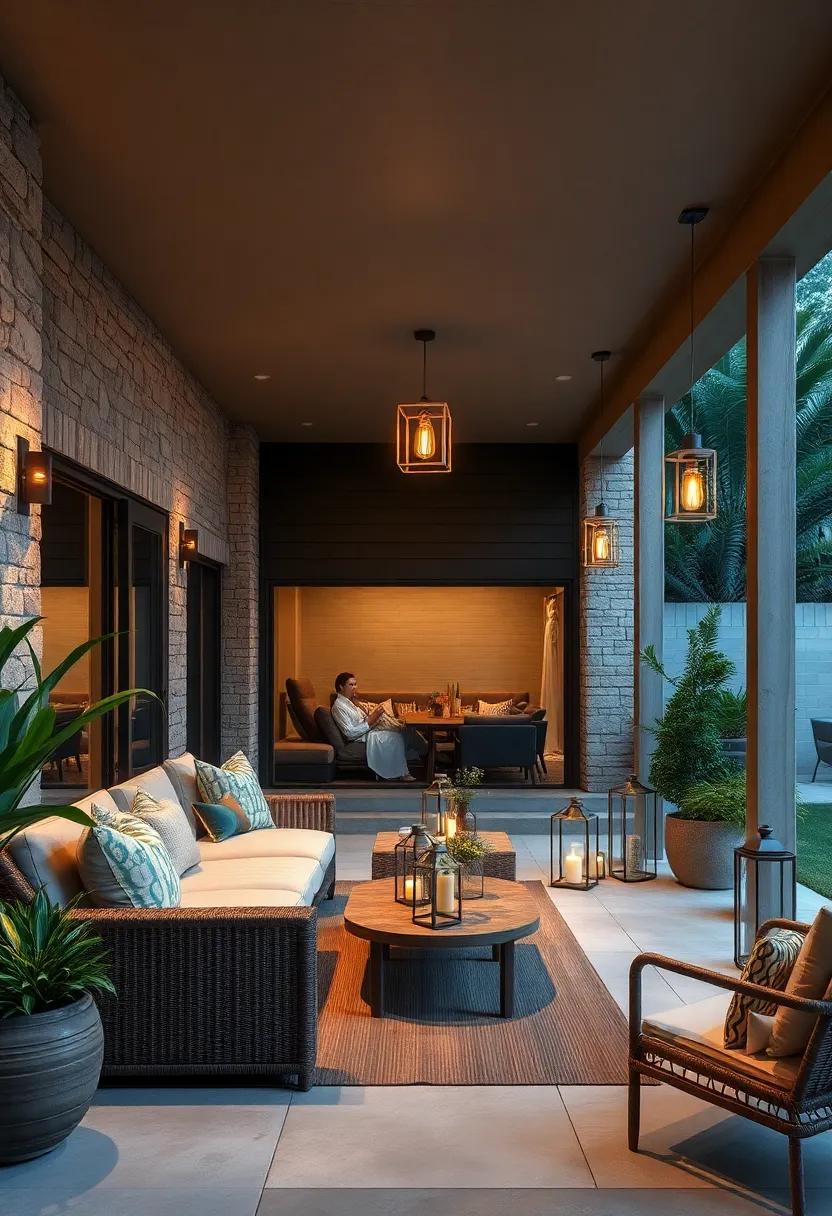 Clustered Lanterns Displayed at Varying Heights Offering a Cozy Rustic Charm to Contemporary Outdoor Spaces