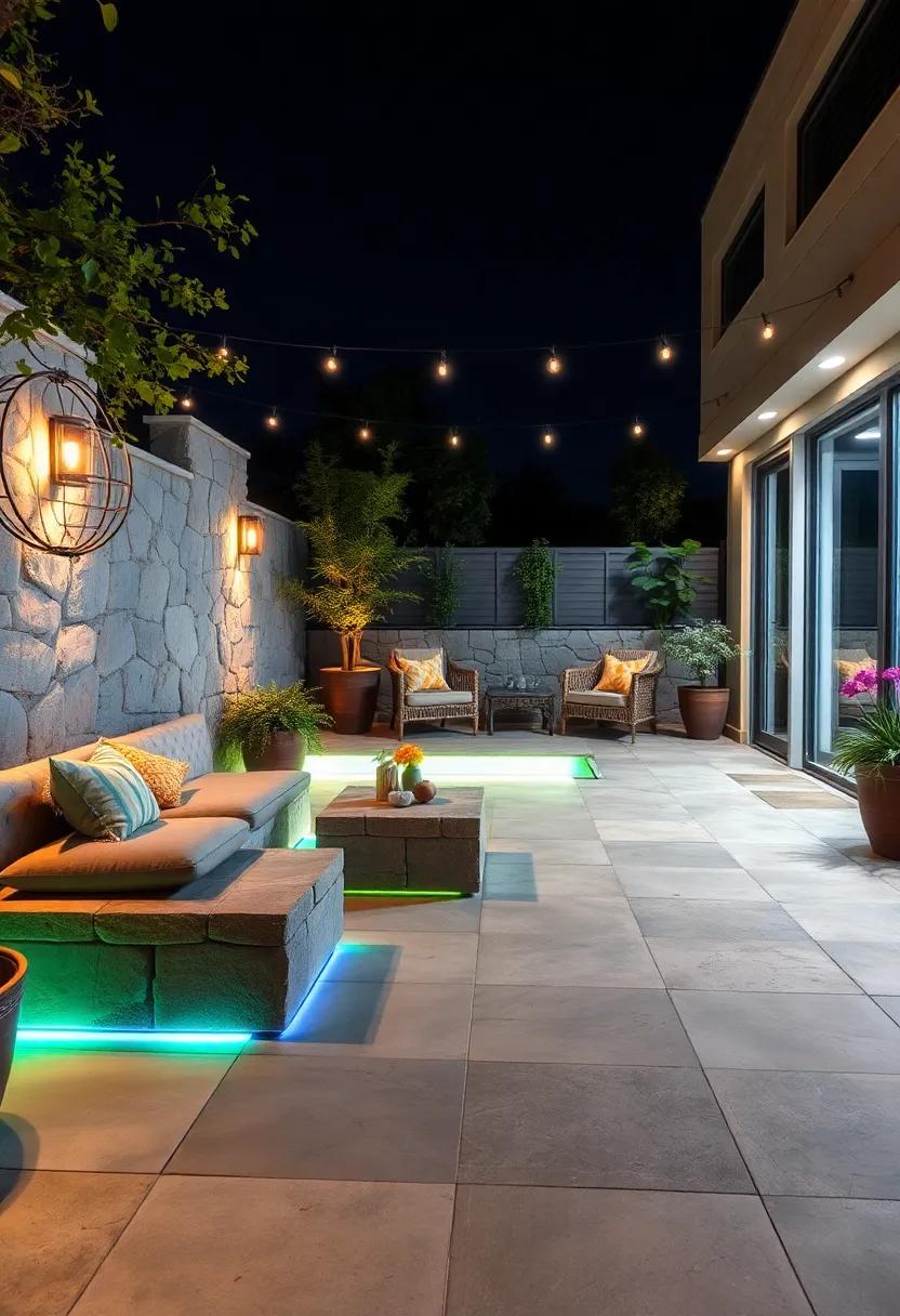 Color-Changing LED Strips Hidden Beneath Stone Benches Creating a Futuristic and Playful Nighttime Atmosphere