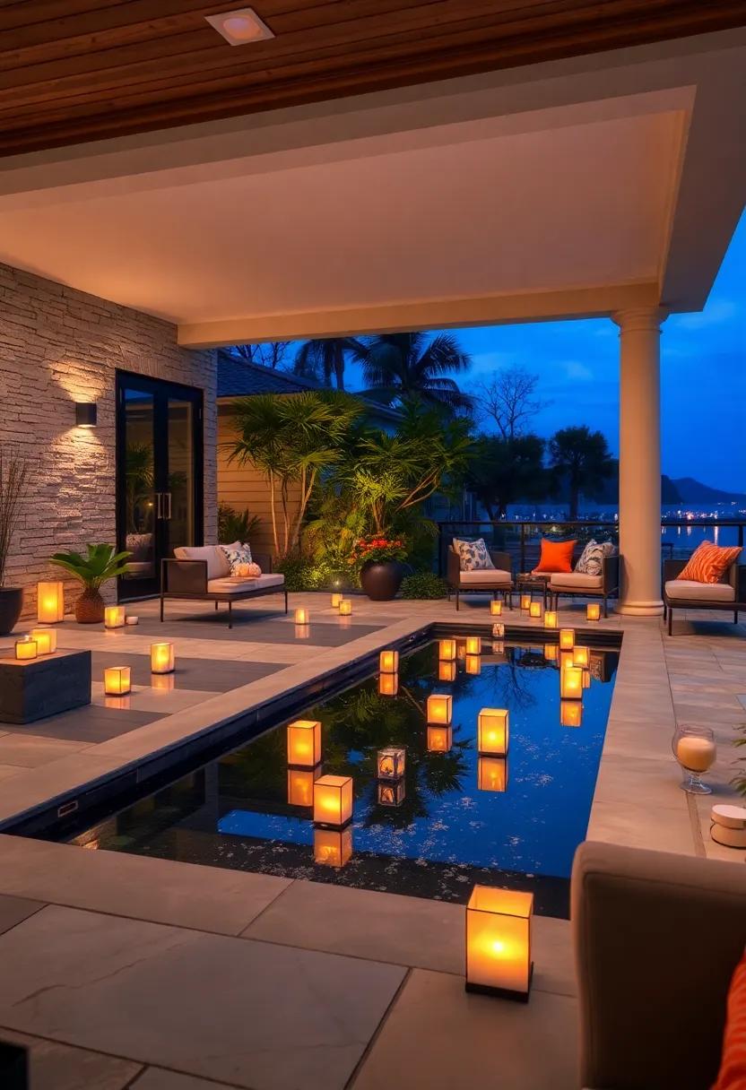 Floating Solar Lanterns Scattered Across a Reflective Water Feature Adding Magical Sparkles to Twilight Views