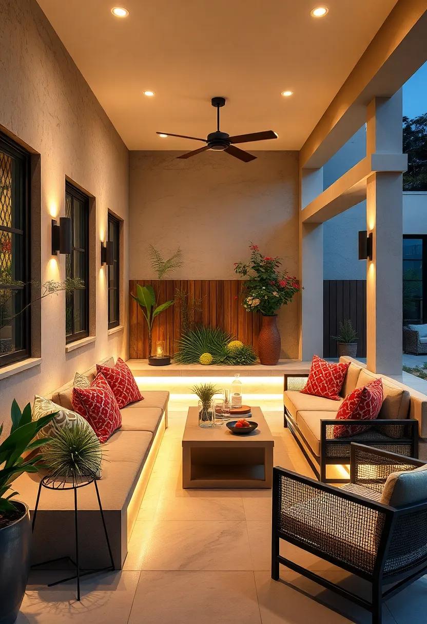 Soft Diffused Lighting Beneath Built-In Benches Offering Comfortable Glow and Enhancing Outdoor Seating Appeal