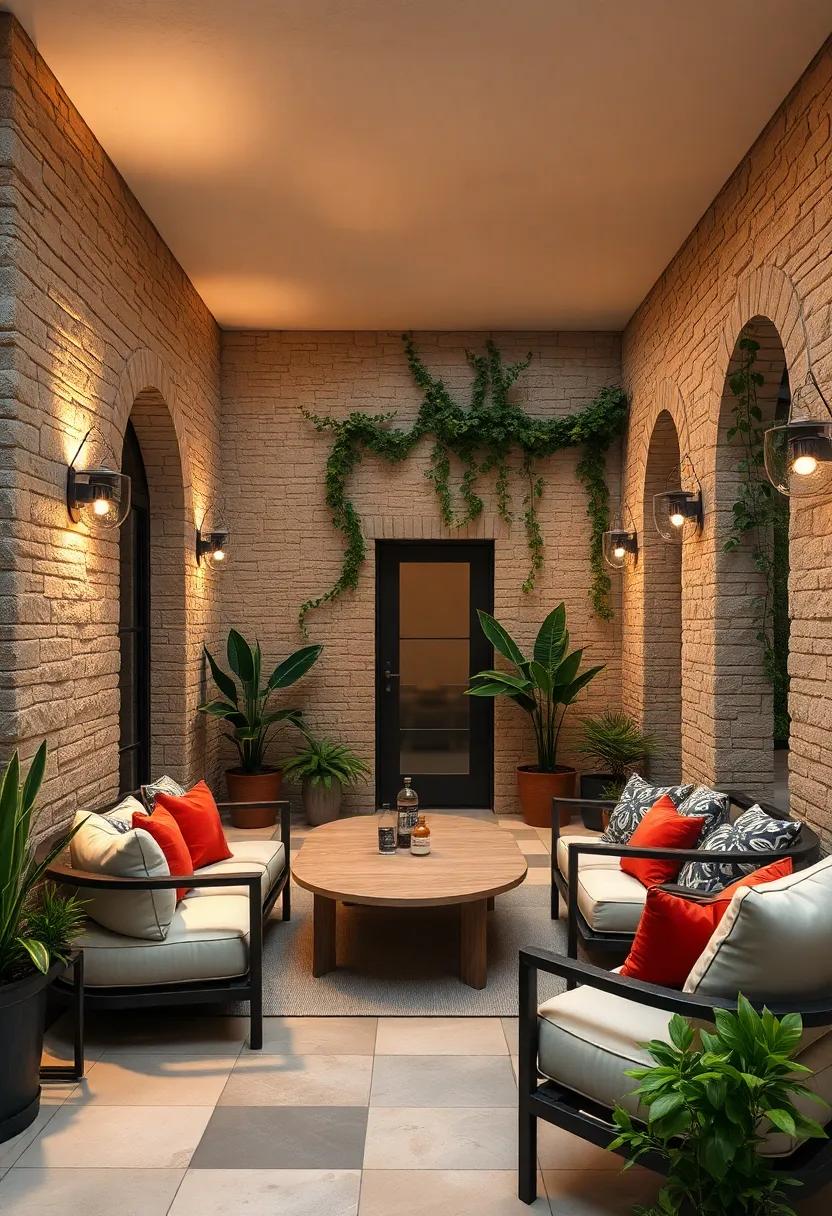 Soft Uplighting Highlighting Textured Stone Walls and Climbing Vines for Dramatic Visual Contrast