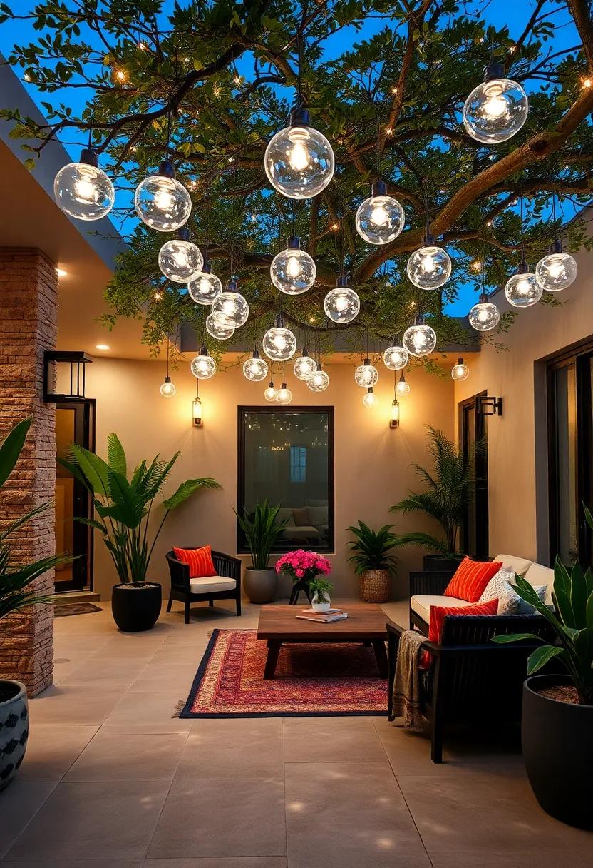 Transparent Glass Globe Lights Hanging From Tree Branches Creating Enchanting Floating Orbs in the Dark