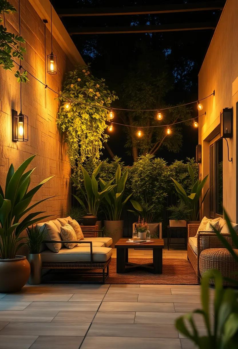 Warm Glow of Edison Bulbs Threaded Through Lush Greenery Casting Inviting Shadows on Moody Evenings