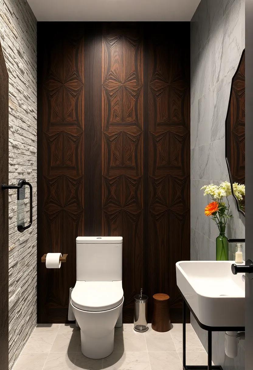 Bold Geometric Patterns Carved into Dark Wood Panels Provide a Modern Twist to Traditional Powder Rooms