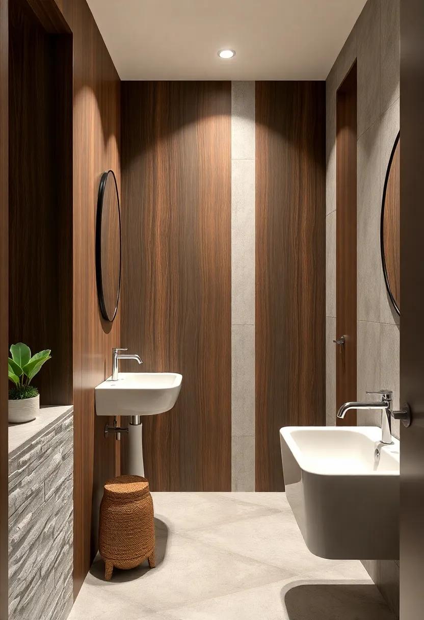 Dark Wood Accent Walls Enhance Powder Rooms With Handcrafted Art Pieces and Sculptural Elements