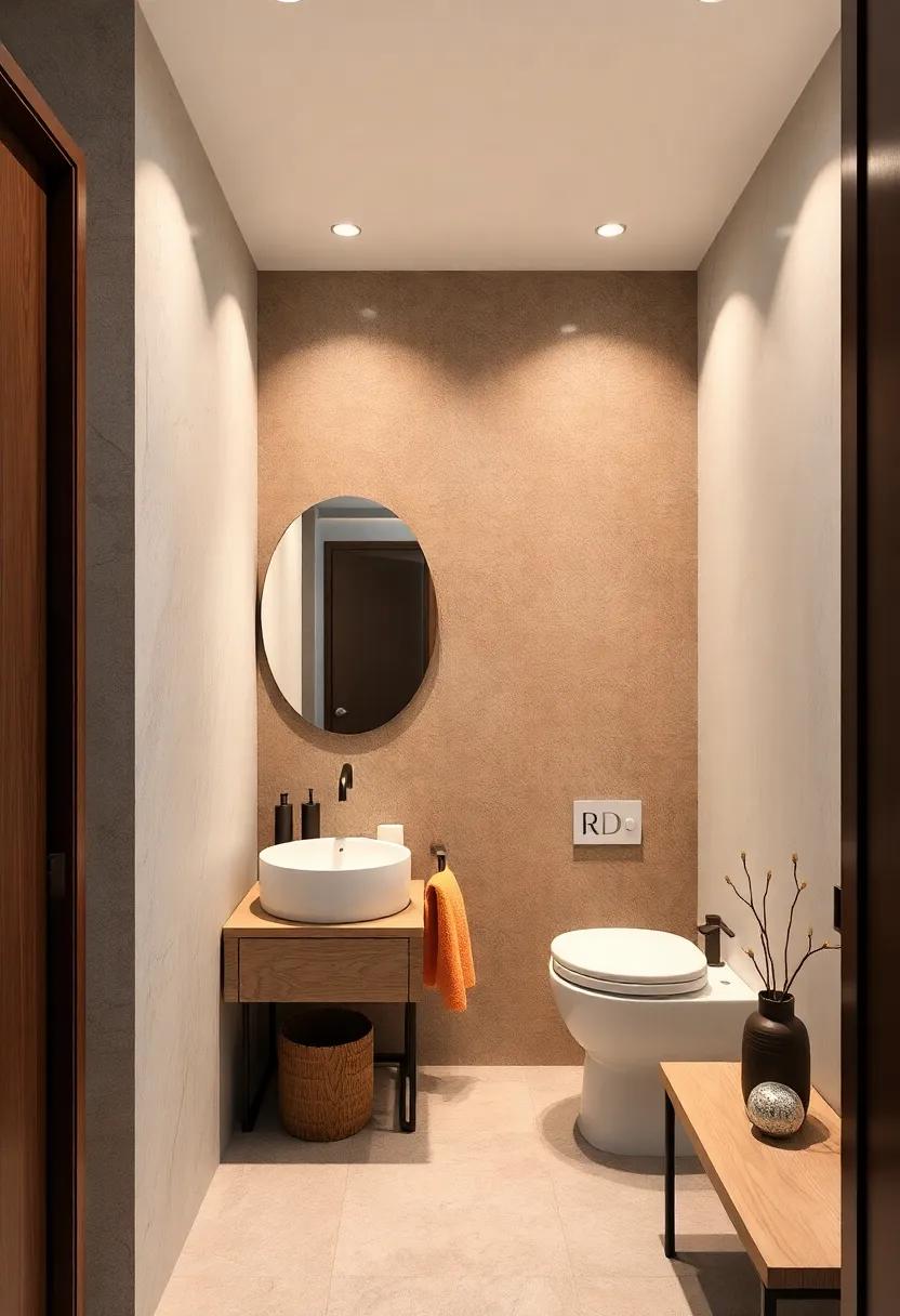 Soft Color Palettes Complement Rich Wood Tones to Create Tranquil and Elegant Powder Room Retreats