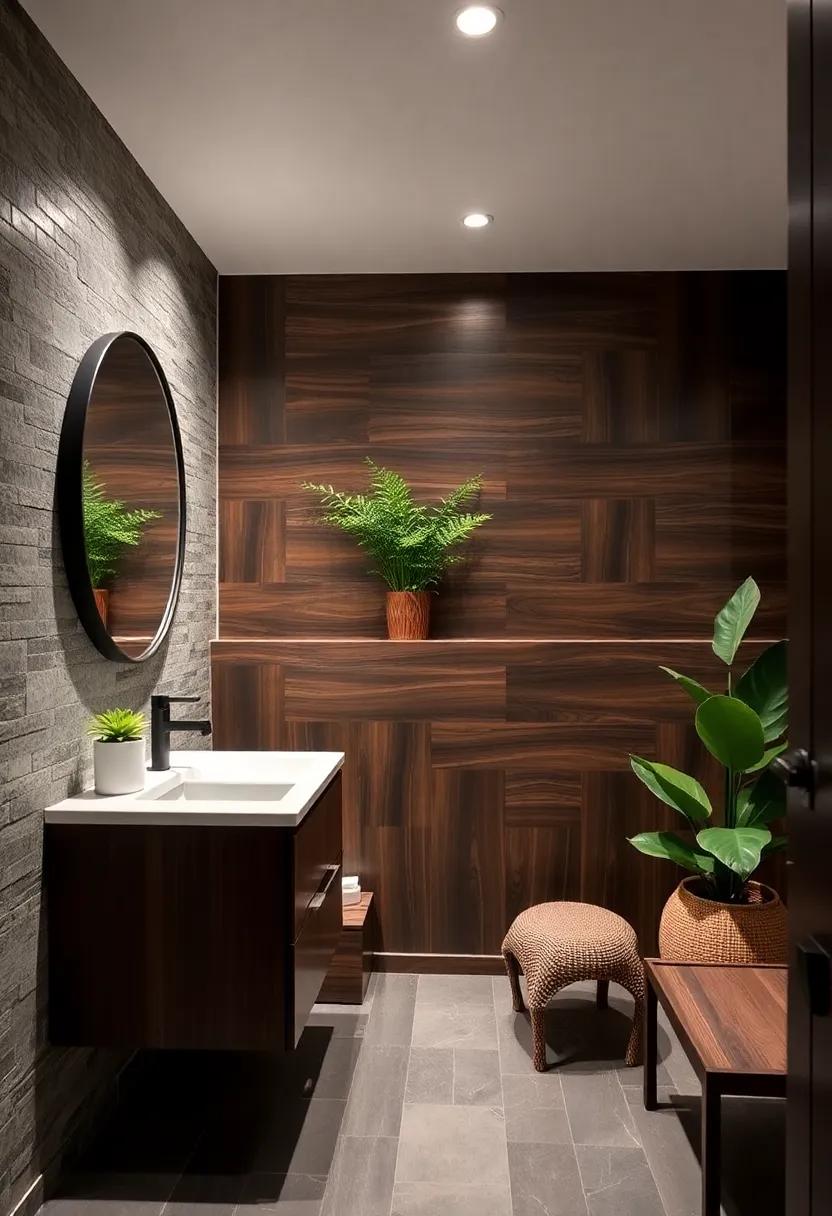 Bring Nature Indoors With Dark Walnut Accent Walls Complemented by Lush Greenery and Earthy Decor Elements