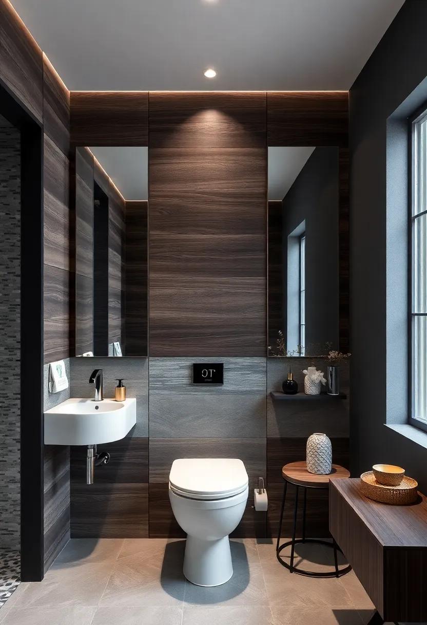 Dark Wood Panels Interspersed with Mirrored Sections Amplify Light and Space in Confined Powder Rooms