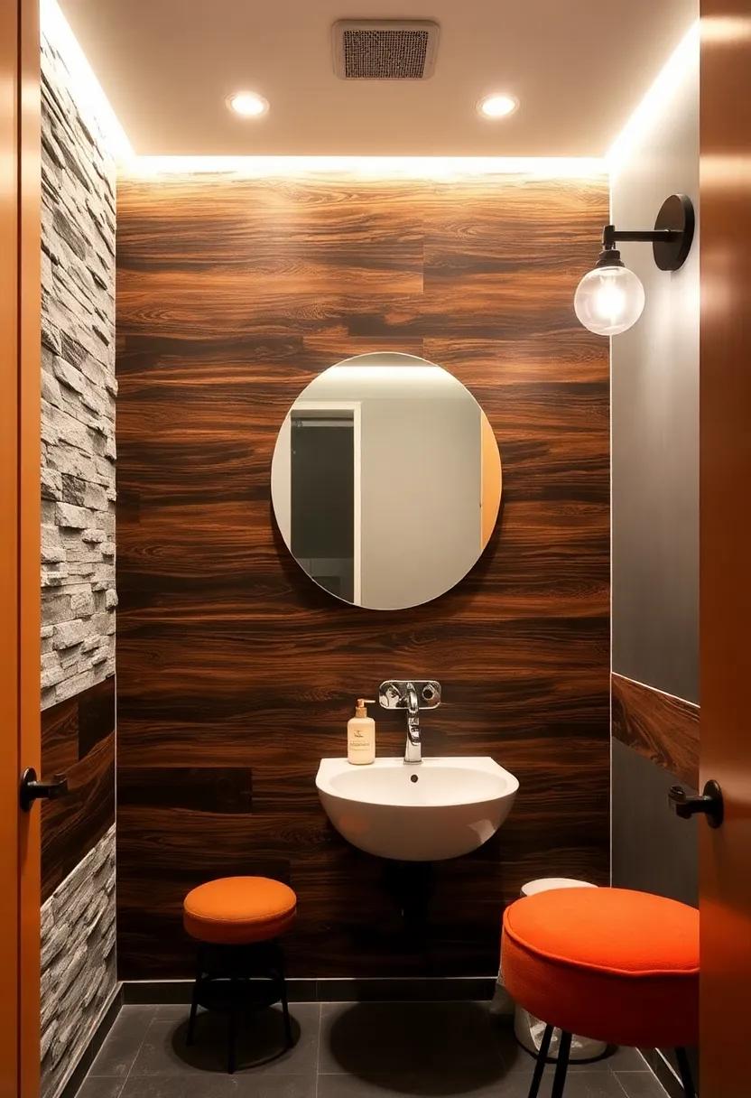 Dark Wood Accent Walls Paired With Retro Lighting Fixtures Bring Mid-Century Modern Retro Charm to Powder Rooms