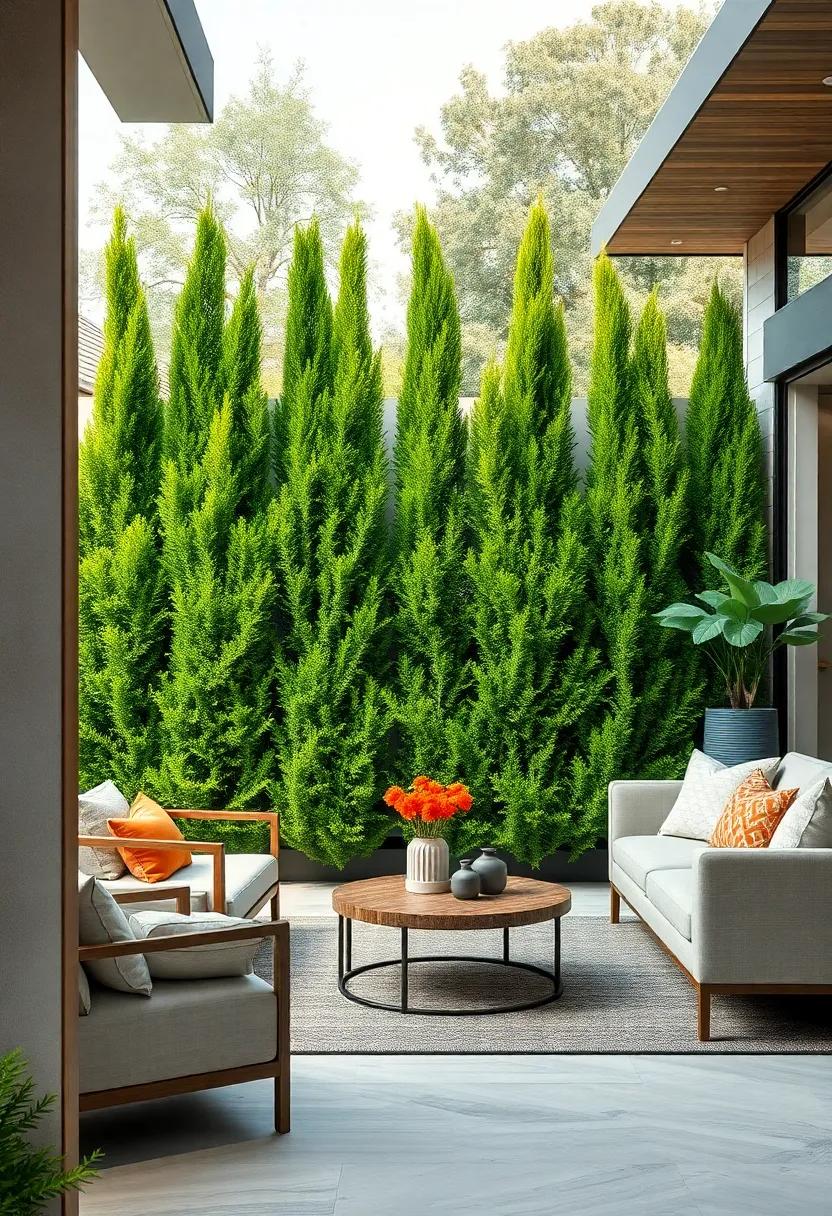 The Harmonious Contrast Between Arborvitae Hedges and Modern Architectural Elements in a Backyard