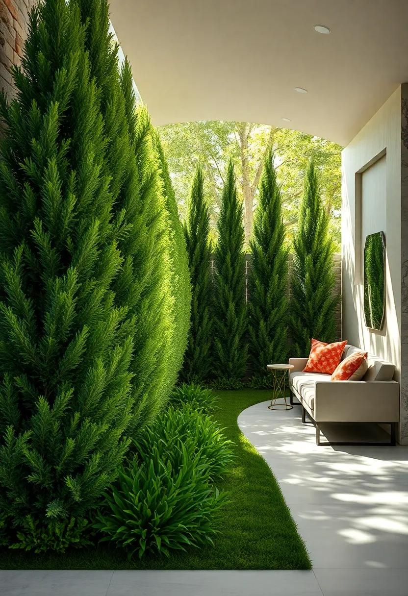 Sunlight Filtering Through Dense Arborvitae Foliage Creating Dappled Shadows on a Quiet Garden Path