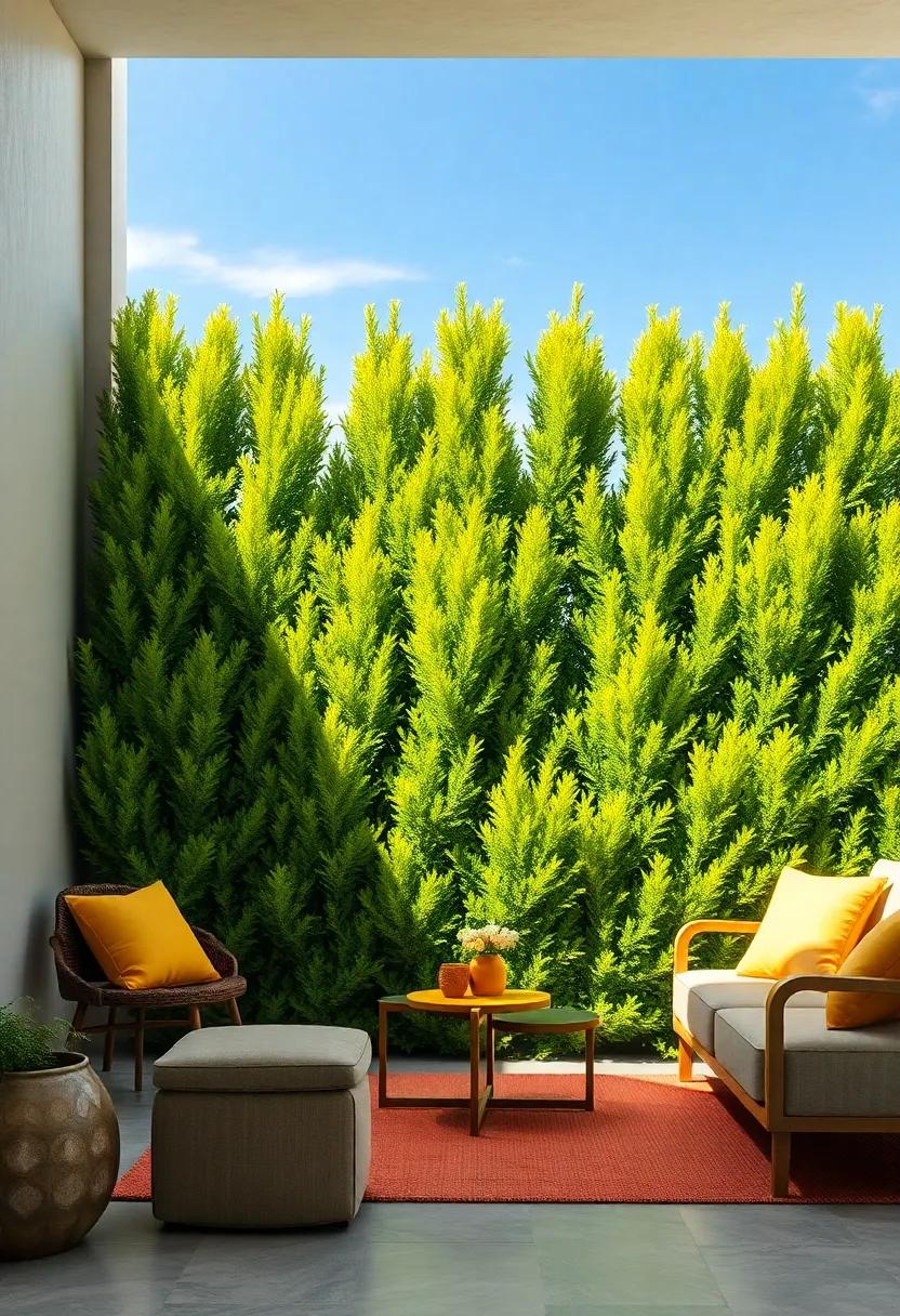 The Vibrant Green Wall of Arborvitae Against a Clear Blue Sky Evoking Freshness and Privacy