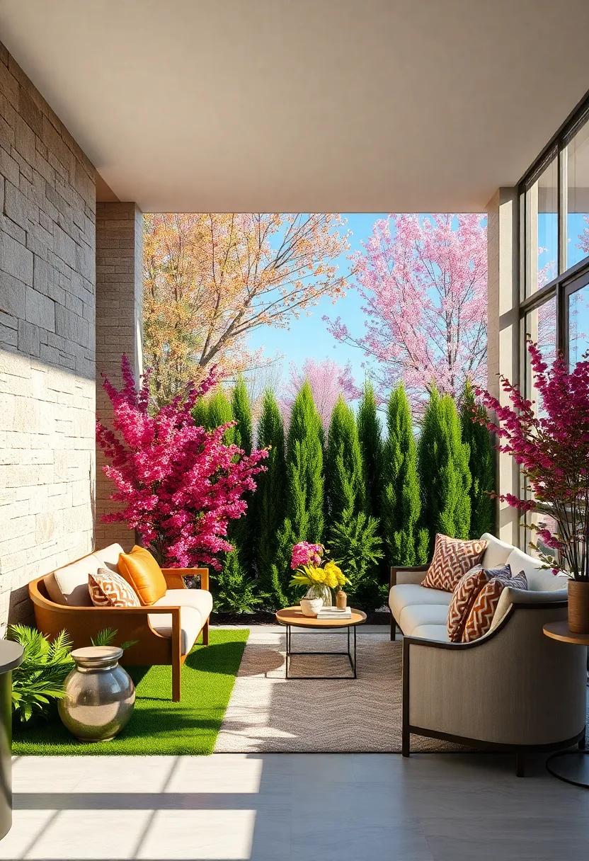 Vibrant Seasonal Colors of Arborvitae Hedges Blending with Blossoming Flowers and Crisp Blue Skies