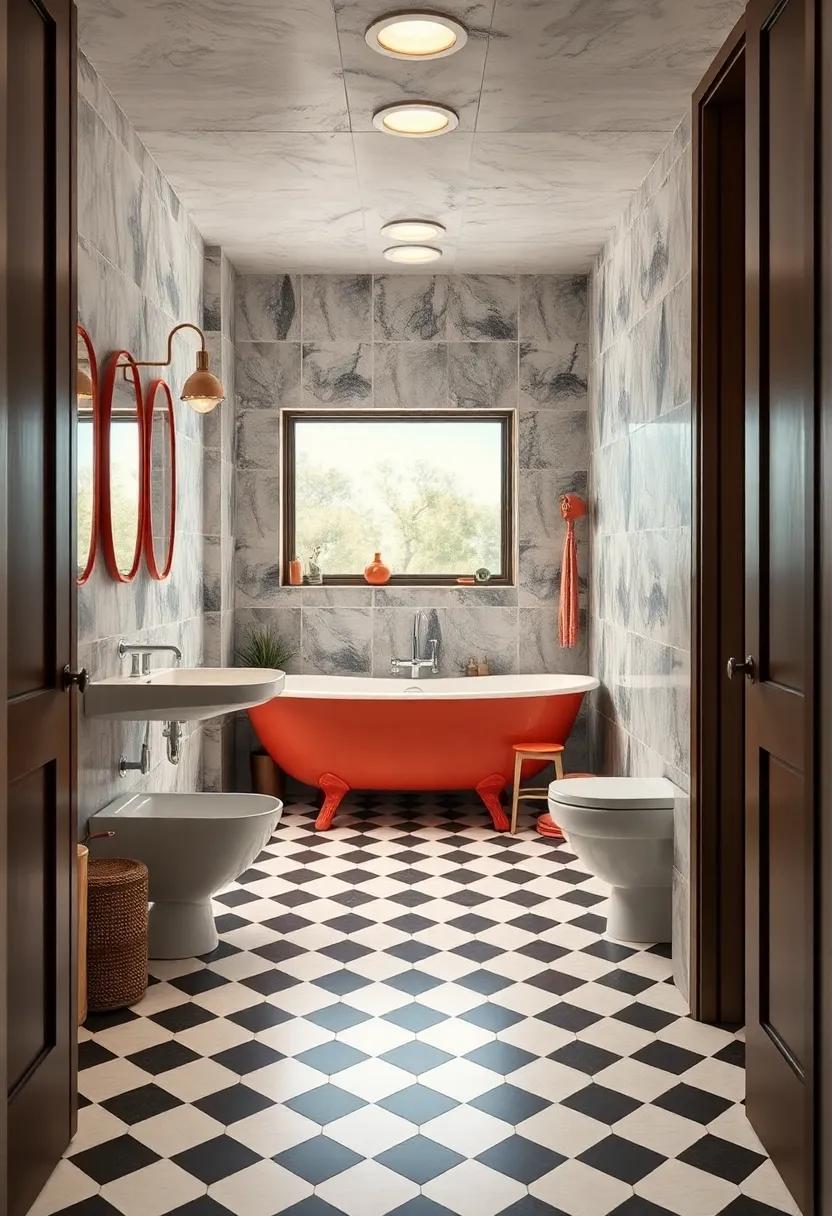 Checkerboard Floor Tiles Evoking a 1950s Diner Vibe in Sleek Retro Bathroom Setups