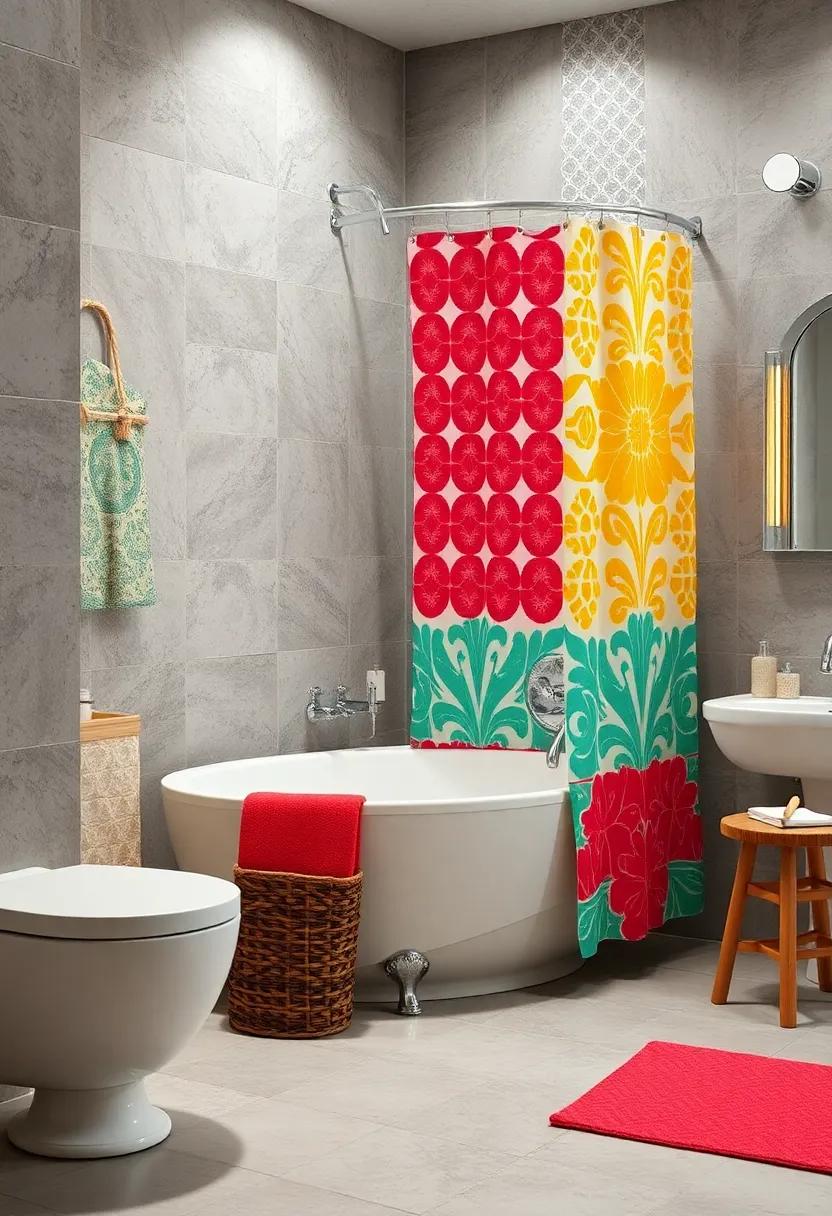 Colorful Vintage Vinyl Shower Curtains Depicting Graphic Patterns for Bold Bathroom Statements