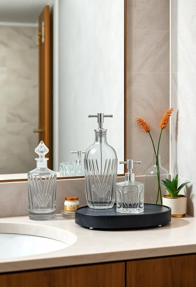 Glass Vanity Jars and Perfume Bottles Featuring Art Deco Detailing as Statement Bathroom Accents