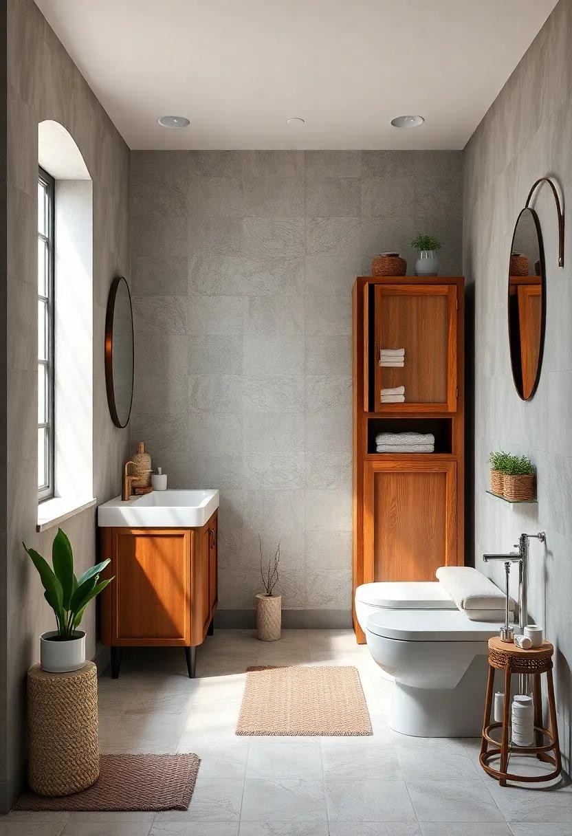 Handcrafted Wooden Storage Cabinets with Retro Styling for Organized and Inviting Bathroom Scenes