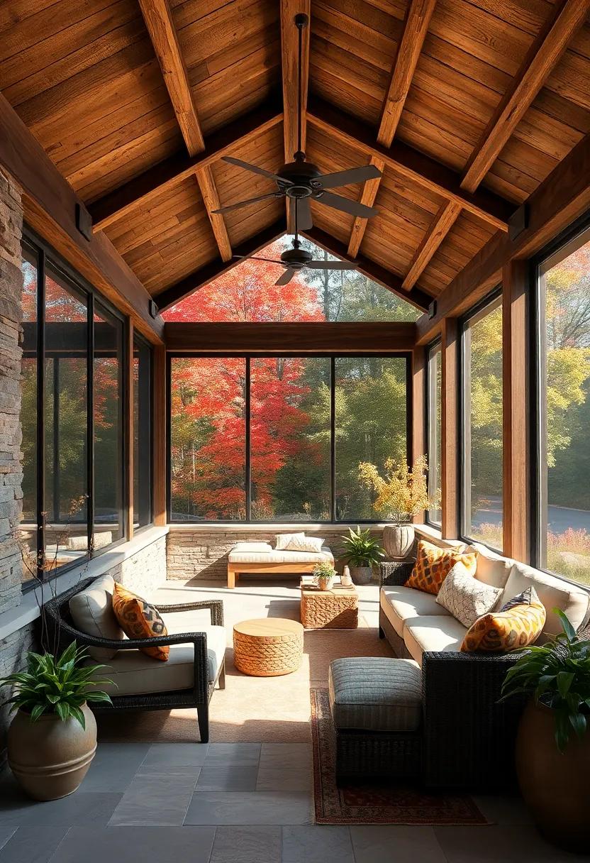 Interplay of Light and Shadow on Textured Wooden Beams in an Autumn Screened Porch Setting