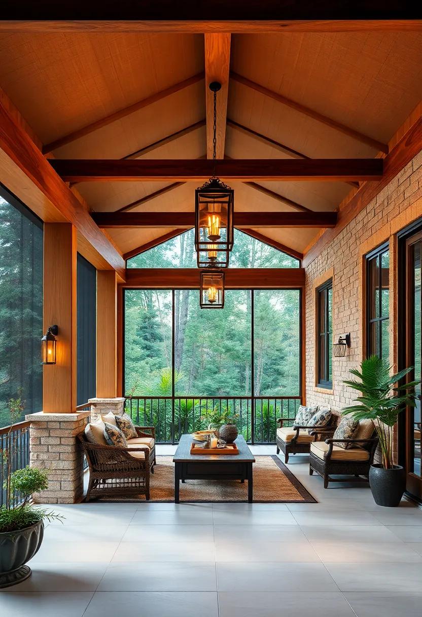 An Inviting Evening Scene with Lanterns Hanging from Sturdy Wooden Beams on a Tranquil Porch