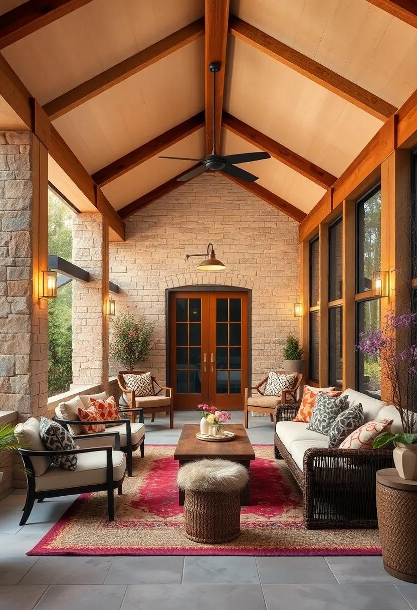 Rustic and Refined A Screened Porch Design Featuring Textured Wooden Beams and Natural Elements